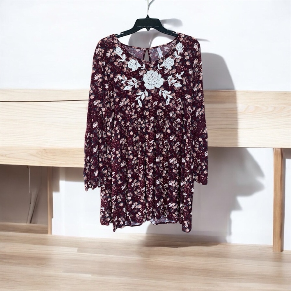 Xhilaration Women’s Embroidered Floral Maroon Dress Long Sleeve